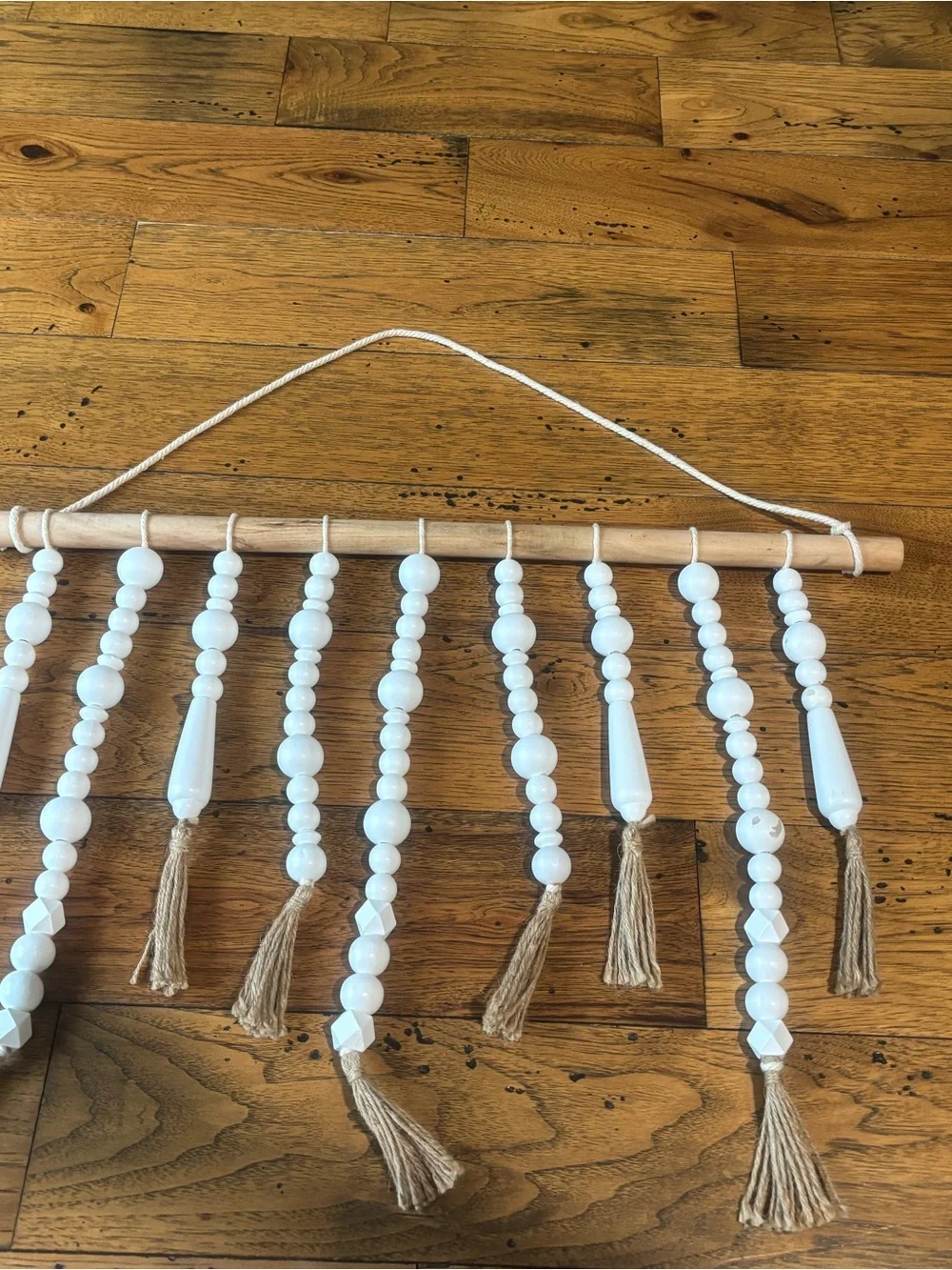Boho White Beaded Wall Hanging with Tassels - White and Brown